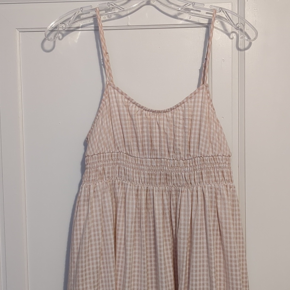 Pink Peach Light Gingham Sundress Empire Waist Pockets Spaghetti Straps Small